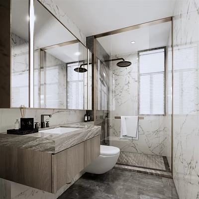 Modern Bathroom Interior Design With Marble Walls Mirror Vanity Toilet And Shower Area 3d model