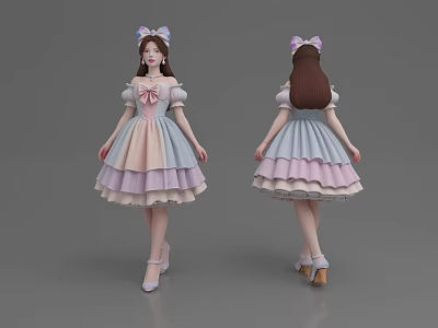 Woman Wearing Layered Pastel Dress With Bow Puffed Sleeves Long Brown Hair And Heels 3d model