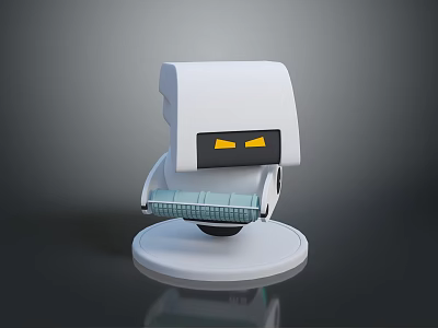 White Robot Character with Yellow Eyes Seated on Modern Chair Base Design 3d model