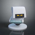 White Robot Character with Yellow Eyes Seated on Modern Chair Base Design