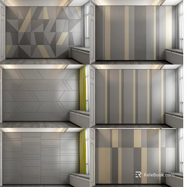 Geometric Patterned Upholstered Wall Panels In Modern Design With Gray Tones And Gold Strips 3d model 