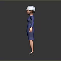 Woman Standing in Professional Blue Suit Dress With White Hard Hat Against Gray Background