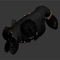 Game Movie Character Man in Black Suit with Torn Details Holding Gun Against Gray Background