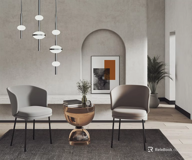 Modern Interior Featuring Coffee Table Two Chairs Decorative Artwork Pendant Lights And Plant 3d model 