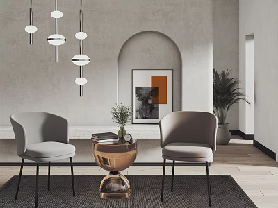 Modern Interior Featuring Coffee Table Two Chairs Decorative Artwork Pendant Lights And Plant 3d model