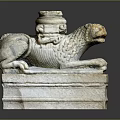 Intricate Ancient Stone Lion Sculpture With Reclining Pose And Carved Pedestal