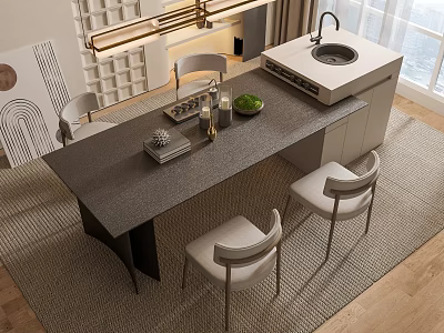 Modern Dining Table Set With Grey Stone Top Four Light Chairs Plants And Natural Light 3d model