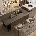 Modern Dining Table Set With Grey Stone Top Four Light Chairs Plants And Natural Light