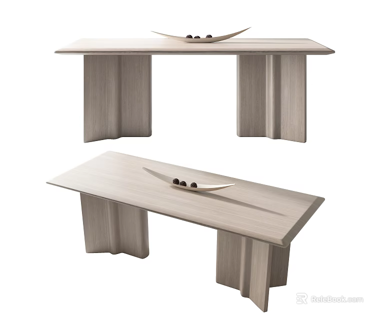 Modern Light Wood Dining Table With Unique Geometric Legs And Decorative Tray Holding Round Objects 3d model