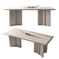 Modern Light Wood Dining Table With Unique Geometric Legs And Decorative Tray Holding Round Objects 3d model