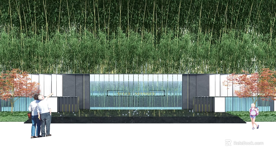 Modern Feature Wall With Bamboo Grove Background Glass Elements And Water Pool 3d model 