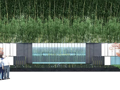 Modern Feature Wall With Bamboo Grove Background Glass Elements And Water Pool 3d model