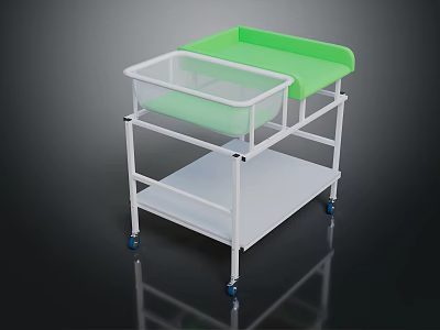 Two Tier White Baby Care Trolley With Green Mattress Transparent Storage And Wheels 3d model