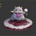 Cute Fluffy Cartoon Character Creature With Pink Tongue Holding White Ball On Red White Base