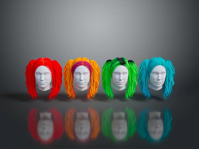 Colorful Long Curly Wigs in Red Orange Green Blue on Mannequin Heads for Daily Use 3d model