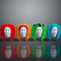 Colorful Long Curly Wigs in Red Orange Green Blue on Mannequin Heads for Daily Use