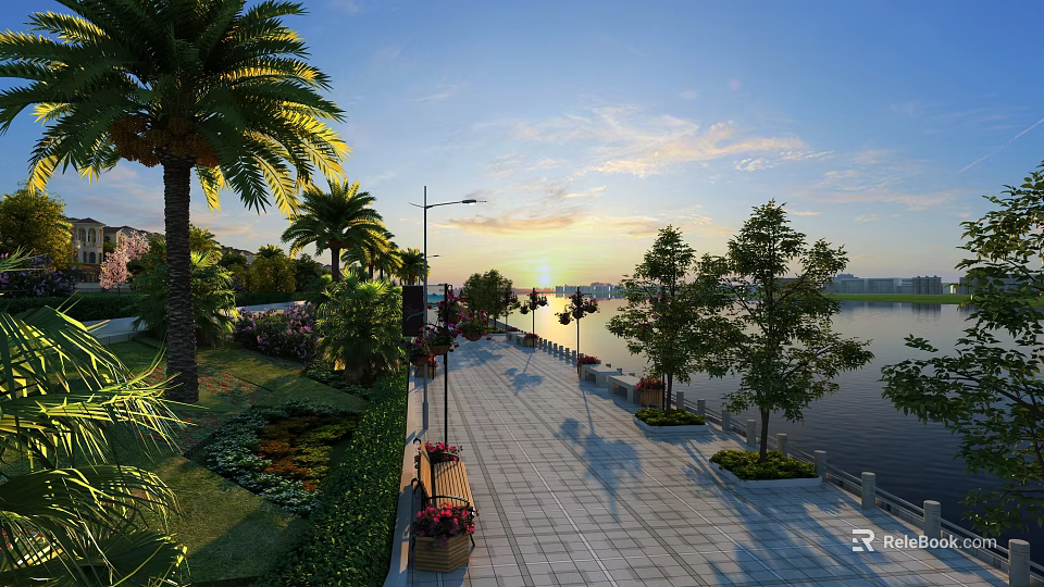 Scenic Garden Landscape with Stone Walkway Bench Palm Trees Flower Bushes Waterfront and Sunset View 3d model 