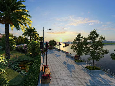 Scenic Garden Landscape with Stone Walkway Bench Palm Trees Flower Bushes Waterfront and Sunset View 3d model