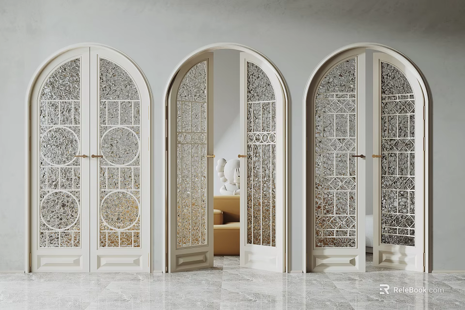 Elegant White Arched Double Doors With Ornate Glass Panels In Living Room Interior 3d model 