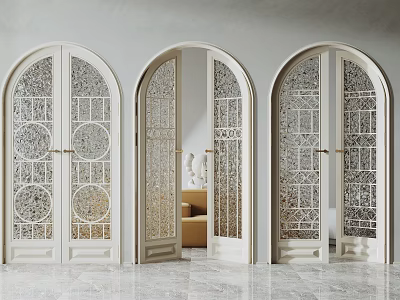 Elegant White Arched Double Doors With Ornate Glass Panels In Living Room Interior 3d model