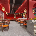 Red-themed Restaurant Featuring Chinese Signage Pendant Lights Meat Shelves and Dining Tables