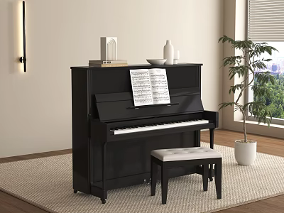 Modern Piano Room with Black Upright Piano Music Sheets Padded Bench and Area Rug 3d model