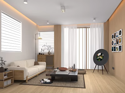 Modern Living Dining Room Interior With Beige Sofa Wooden Elements And Round Mirror 3d model