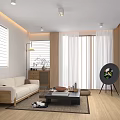 Modern Living Dining Room Interior With Beige Sofa Wooden Elements And Round Mirror