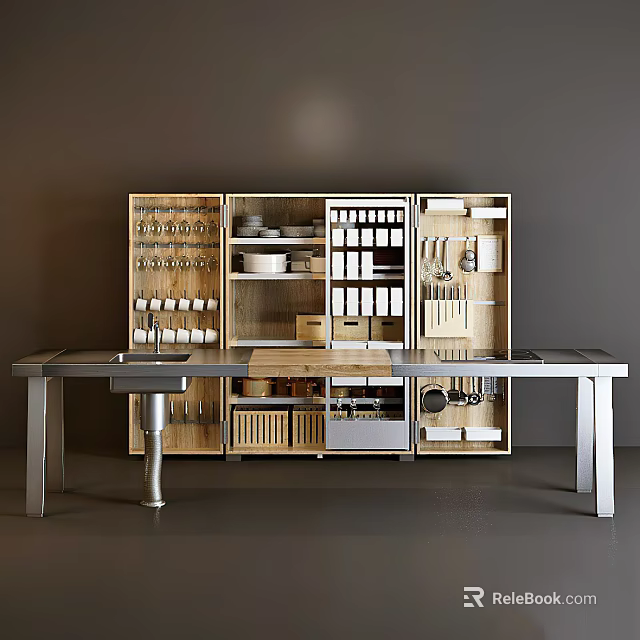 Modern Wooden Kitchen Cabinets With Multiple Shelves Storage For Dishes Utensils And Metal Countertop 3d model 