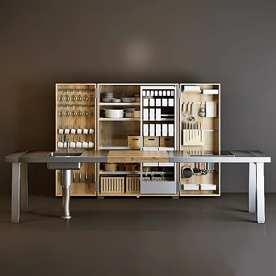 Modern Wooden Kitchen Cabinets With Multiple Shelves Storage For Dishes Utensils And Metal Countertop 3d model