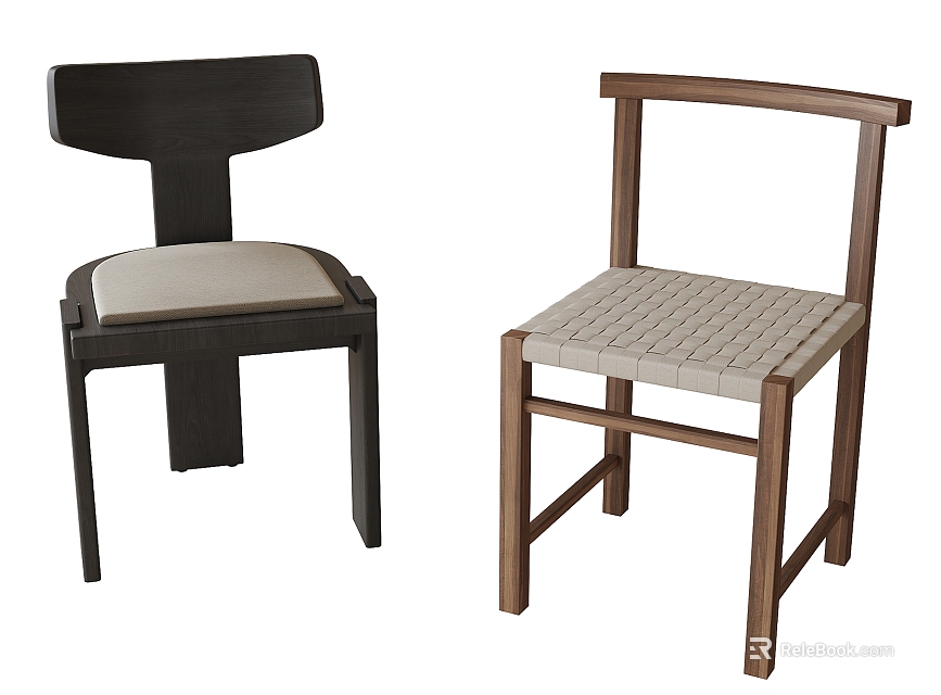Black and Brown Wooden Dining Chairs with Upholstered and Woven Beige Seats Modern Design 3d model 