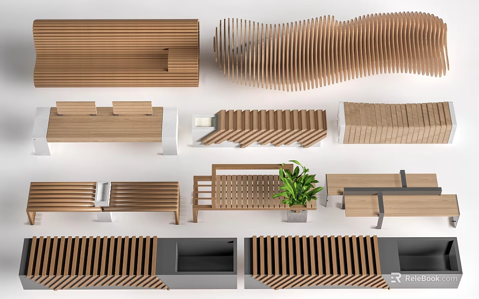 Modern Wooden Furniture Design Elements With Benches Screens And Potted Plant 3d model 