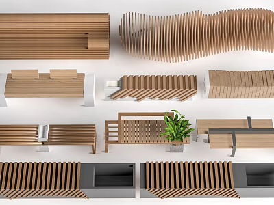 Modern Wooden Furniture Design Elements With Benches Screens And Potted Plant 3d model