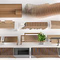 Modern Wooden Furniture Design Elements With Benches Screens And Potted Plant