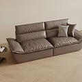 Modern Brown Leather Two Seater Sofa With Checkered Pillow And Side Table On Wooden Floor