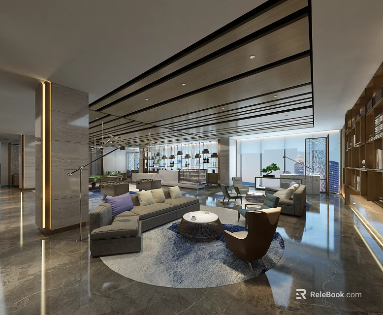 Modern Lounge Area Interior With Comfortable Sofa Armchairs Round Coffee Table And Large Windows 3d model