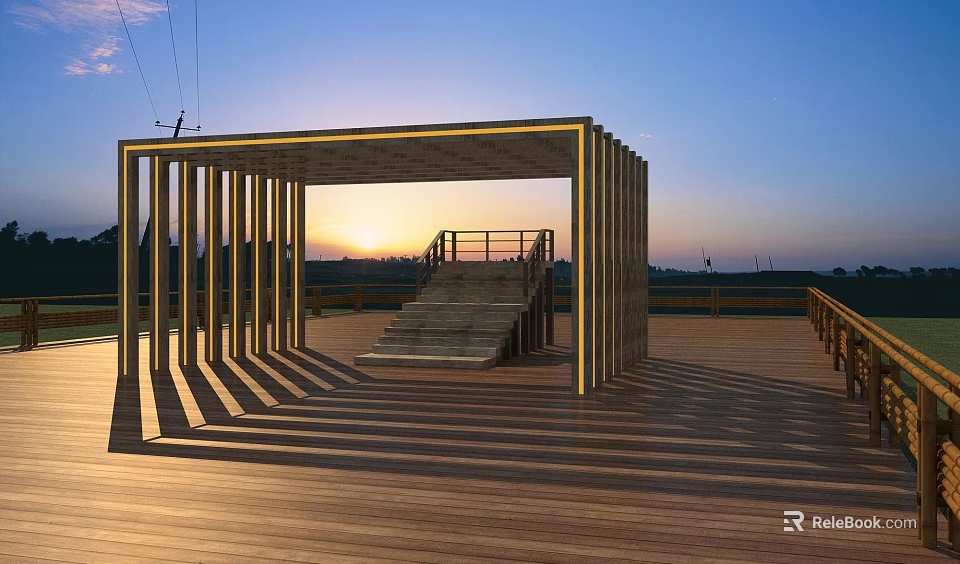 Outdoor Metal Frame Structure With Wooden Deck Staircase And Sunset View 3d model 
