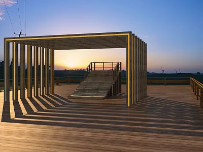 Outdoor Metal Frame Structure With Wooden Deck Staircase And Sunset View 3d model