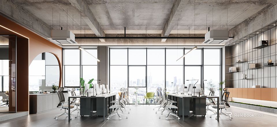 Modern Open Plan Public Office Space Featuring Large Windows Ergonomic Workstations And Green Plants 3d model 