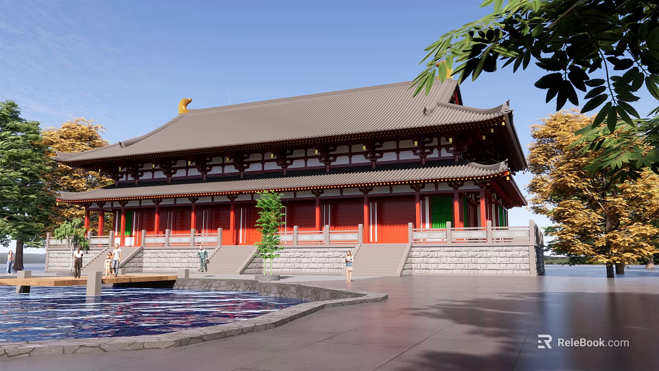 Ancient Chinese Architecture With Curved Roof Red Walls Green Doors Stone Steps And Pond 3d model 