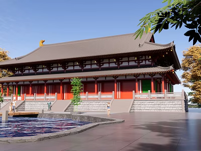 Ancient Chinese Architecture With Curved Roof Red Walls Green Doors Stone Steps And Pond 3d model