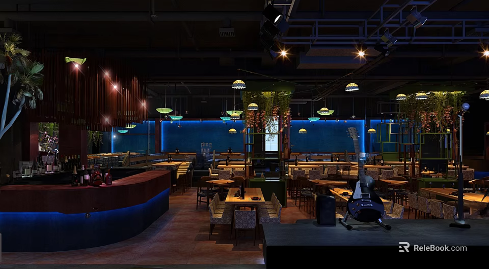 Stylish Bar Interior Design With Warm Lighting Wooden Tables Bar Counter And Green Plants 3d model 