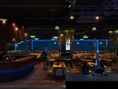 Stylish Bar Interior Design With Warm Lighting Wooden Tables Bar Counter And Green Plants 3d model