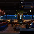 Stylish Bar Interior Design With Warm Lighting Wooden Tables Bar Counter And Green Plants