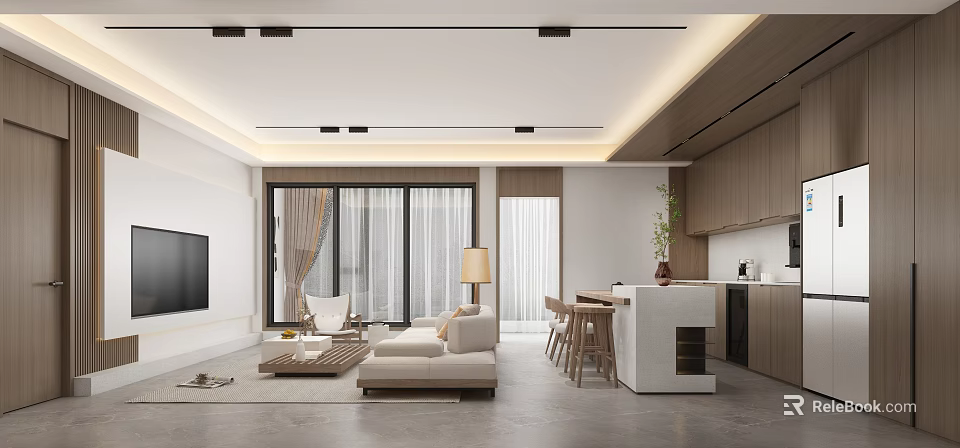 Modern Dining and Living Room Interior With Open Layout Sofa Dining Table Lighting and Plants 3d model