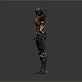 Futuristic Sci-Fi Game and Movie Character with Yellow Red Black Armor and Mechanical Combat Gear