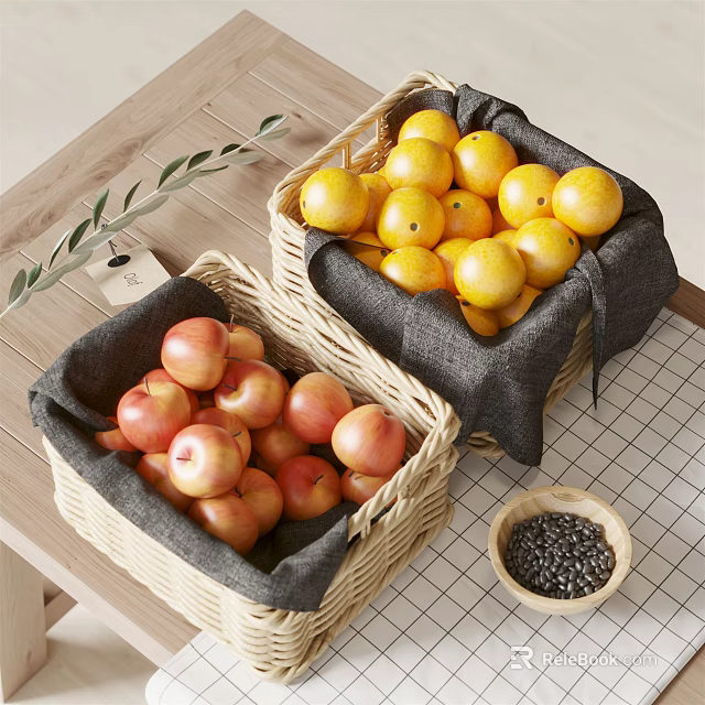 Fresh Red Apples and Yellow Lemons in Wicker Baskets on Wooden Table with Olive Branch 3d model 