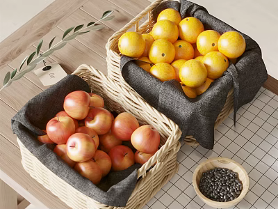 Fresh Red Apples and Yellow Lemons in Wicker Baskets on Wooden Table with Olive Branch 3d model