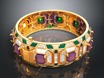 Luxurious Gold Plated Bracelet With Green Purple Gemstones And White Crystals 3d model