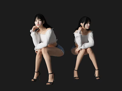 Two Women Sitting In White Off Shoulder Top Denim Shorts And Black High Heels 3d model
